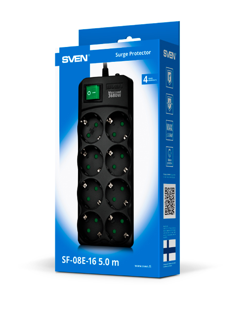 SVEN Сетевой фильтр Surge Protector  SF-08E-16 1,8 m (8 sockets) black - фото 5