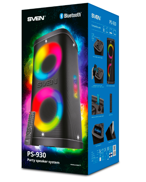 SVEN PS-930, черный, акустическая система, (150W, TWS, IPx4, Bluetooth, FM, USB, microSD, LED-dis - фото 5